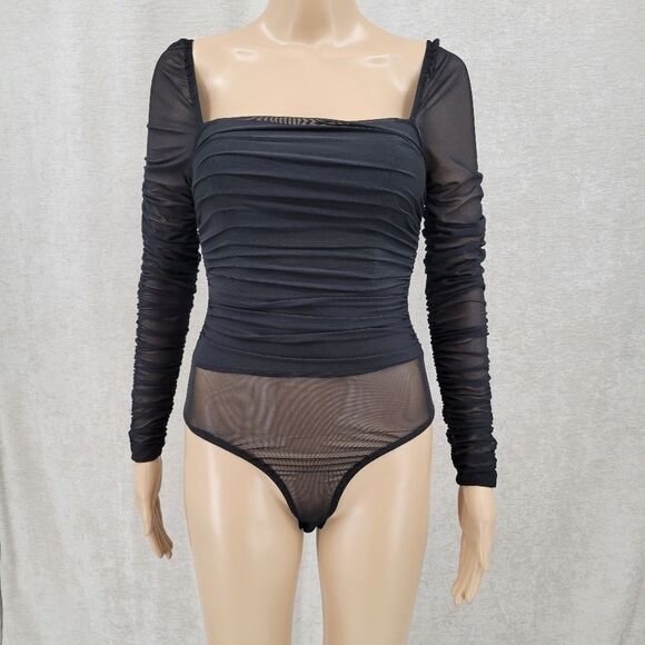 Thats so Fetch Long Sleeve Bodysuit Black Ruched Mesh Women's 4 - Picture 1 of 15